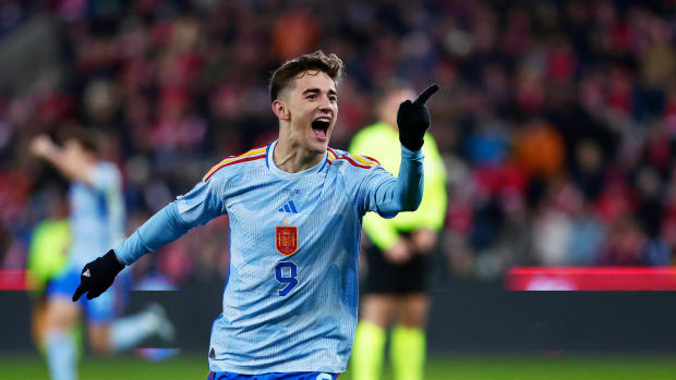Gavi pictured celebrating after scoring a goal in Spain's 1-0 win over Norway in October 2023